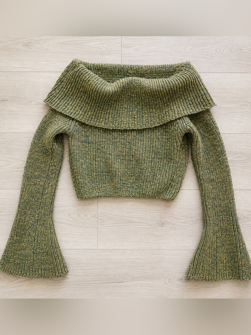 SHEIN Olive Green Off-Shoulder Ribbed Crop Sweater